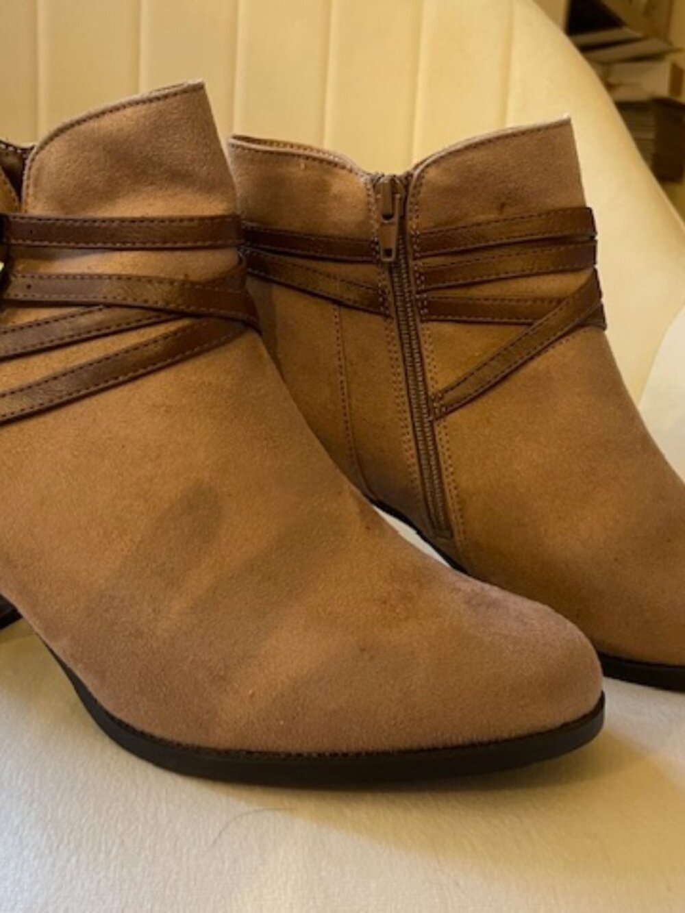 LifeStride Tan Suede Ankle Boots Buckle Block Heel NWOT